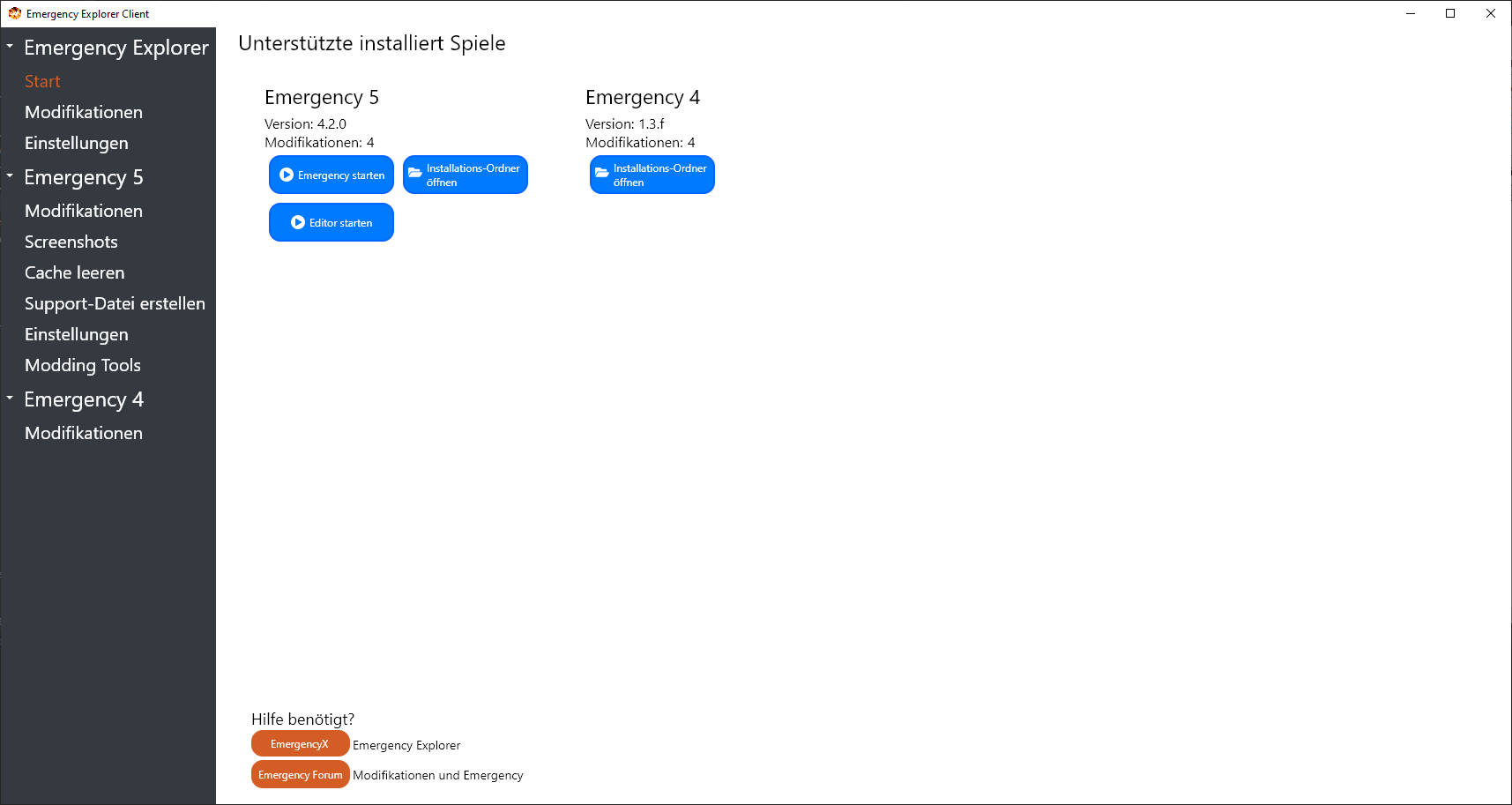 Picture of the Emergency Explorer Dashboard, showing a list of supported games