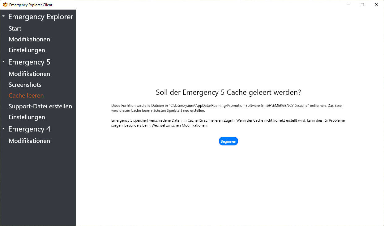 Picture of the Emergency 5 cache deletion tool in Emergency Explorer