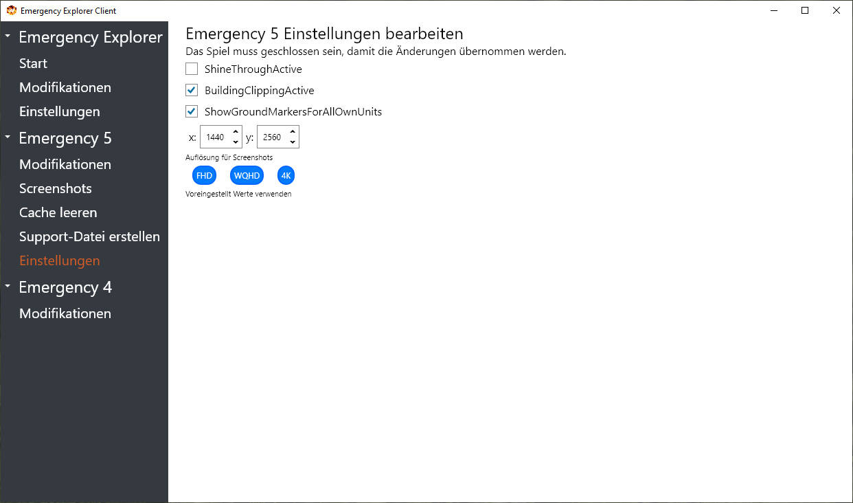 Picture of the possibilities to change Emergency 5 settings in Emergency Explorer